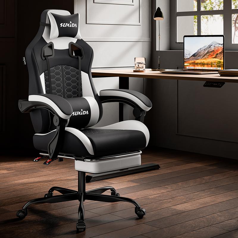 Silla Gaming Ergonómica con Almohada Lumbar de Espuma Viscoelástica – Silla Giratoria 360° para Oficina y Gaming